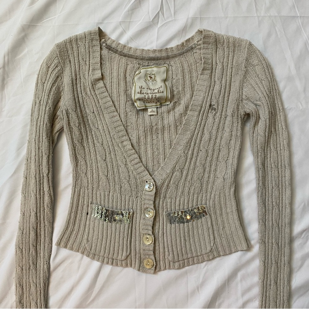 abercrombie & fitch 2000’s off-white cable knit fitted ribbed sweater - Picture 1 of 12